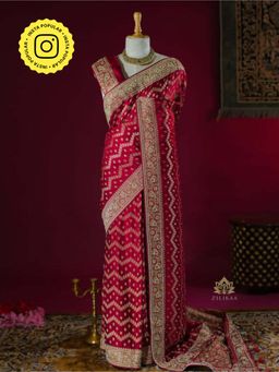 ZILIKAA - Calcutta Red Zardozi Handwork Mulberry Banarasi Silk Saree with Unstitched Blouse