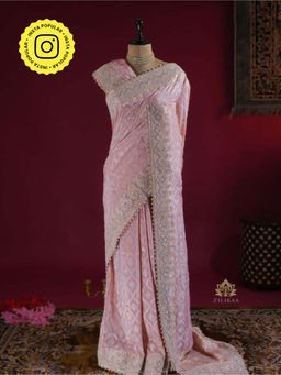 ZILIKAA - Baby Pink Zardozi Handwork Munga Banarasi Silk Saree with Unstitched Blouse
