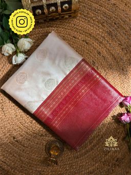 ZILIKAA - Ivory with Red Banarasi Katan Silk Saree with Unstitched Blouse