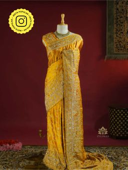 ZILIKAA - Mustard Yellow Zardozi Handwork Mulberry Banarasi Silk Saree with Unstitched Blouse