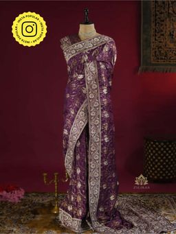 ZILIKAA - Plum Wine Zardozi Handwork Munga Banarasi Silk Saree with Unstitched Blouse