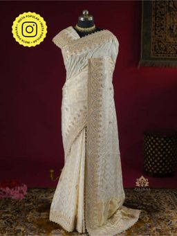 ZILIKAA - Ivory Special Zardozi Handwork Munga Banarasi Silk Saree with Unstitched Blouse