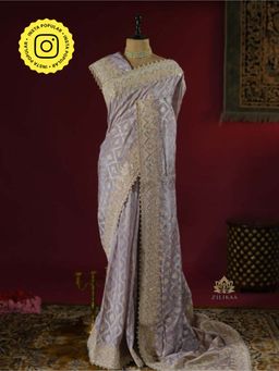 ZILIKAA - Lilac Purple Zardozi Handwork Munga Banarasi Silk Saree with Unstitched Blouse