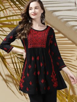 ADA - Hand Embroidered Black Red Lucknowi Chikankari Pure Cotton Kurti