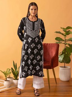 ADA - Hand Embroidered Lucknowi Chikankari Ethnic Motifs Black Modal Kurta