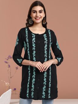 ADA - Hand Embroidered Lucknowi Chikankari Black & Green Cotton Kurti