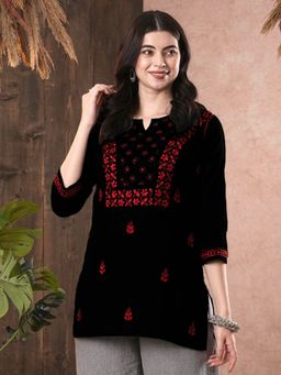ADA - Hand Embroidered Black Cotton Lucknowi Chikan Kurti- A100389 (XS) (A100389)