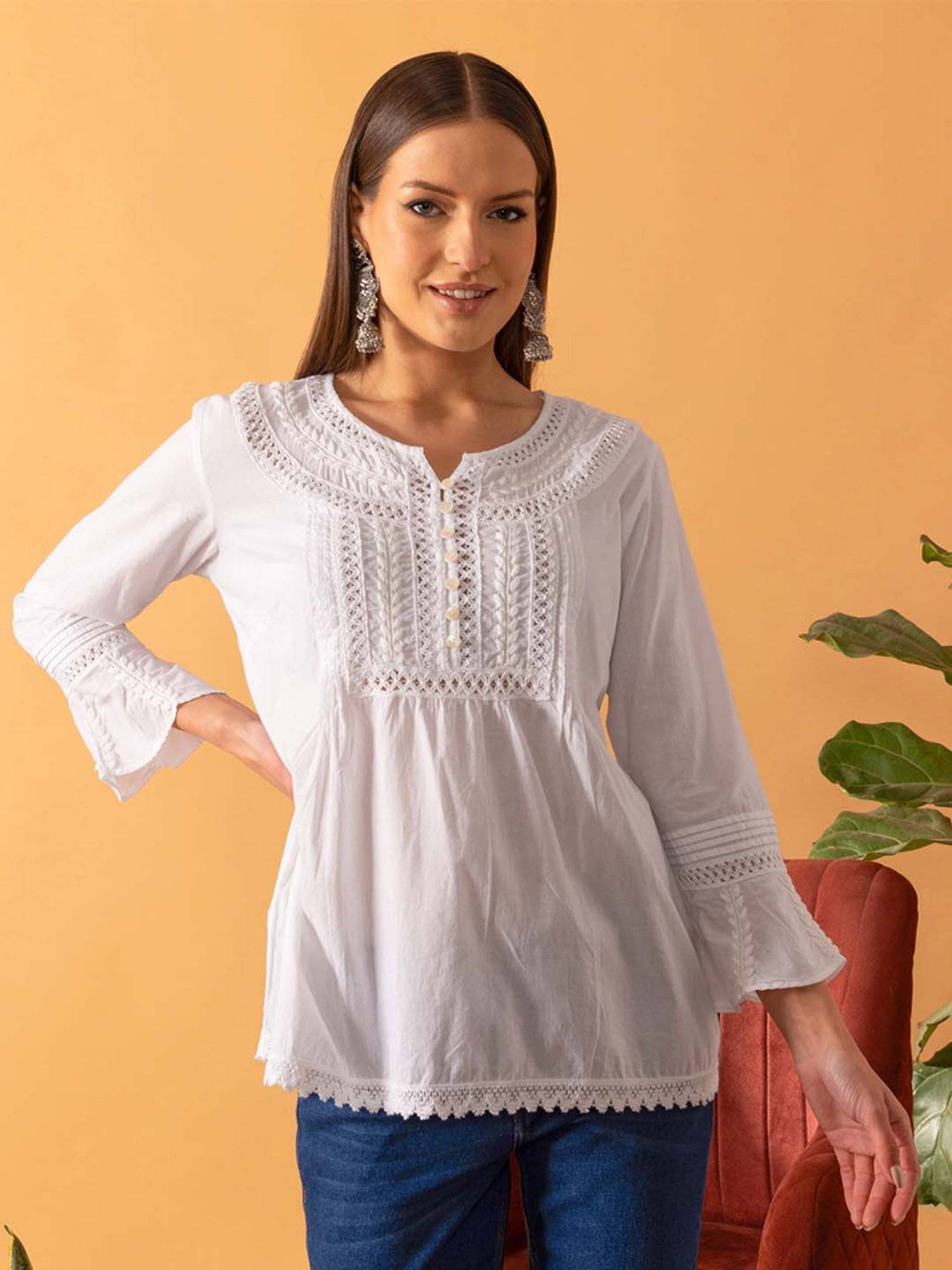 Buy ADA Hand Embroidered White Cotton Lucknow Chikan Top A371889