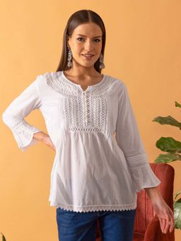 ADA - Hand Embroidered White Cotton Lucknow Chikan Top A371889