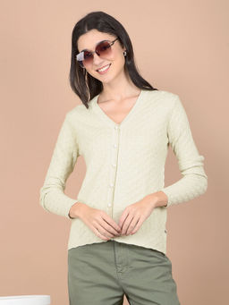 CRIMSOUNE CLUB - Women Green Jacquard V-Neck Cardigan