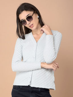 CRIMSOUNE CLUB - Women Blue Jacquard V-Neck Cardigan
