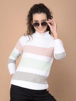 CRIMSOUNE CLUB - Women Multi-Color Horizontal Stripes High Neck Sweater