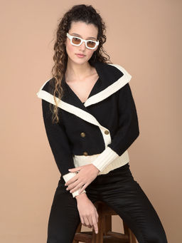 CRIMSOUNE CLUB - Women Black Colorblocked Acrylic Cardigan