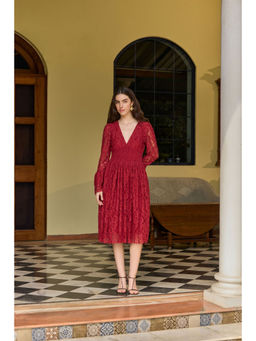 The Clothing Factory - Elegant Cherry Red Lace Midi Dress