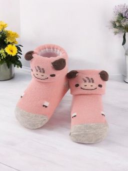 Yellow Bee - Cow Socks with 3D Ears and Non-Slip Soles for Girls-Peach