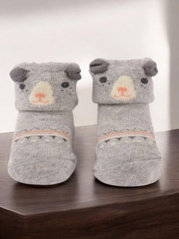 Yellow Bee - Bear Socks with Patterned Design and Non-Slip Soles for Boys-Grey