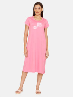 Zivame - Chromaticity Knit Cotton Mid Length Nightdress - Pink Carnation