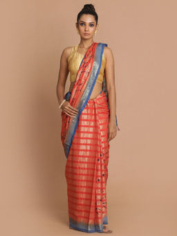 Indethnic - Banarasi Red Embroidered Daily Wear Saree With Unstitched Blouse