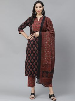 Yuris - Women Black & Maroon Printed Kurta with Trousers and Dupatta (Set of 3)
