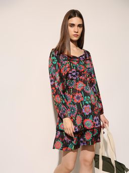 ONLY - Womens Floral Print Fit and Flare Black Mini Dress