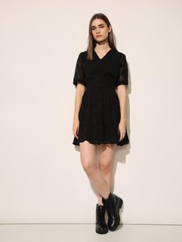 ONLY - Womens Self Design Fit and Flare Black Mini Dress