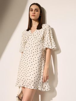ONLY - Womens Printed Fit and Flare White Mini Dress