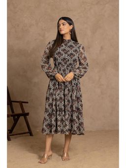 Polago Clothing - Black Motif Midi Dress with Belt (Set of 2)