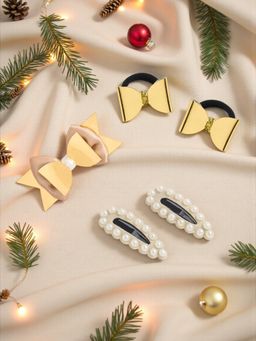 Ribbon Candy - Christmas Gold Glitter Rubber Bands Bow & Bow Hair Clips Pack of 5