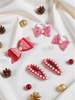 Ribbon Candy - Christmas Red Glitter Rubber Bands Bow & Bow Hair Clips Pack of 5