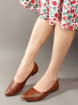 Aroom - Tan Elegant Perforated Faux Leather Ballerinas