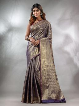 CHARUKRITI - Midnight Blue Handwoven Brocade Silk Saree with Zari Woven Designs & Unstitched Blouse