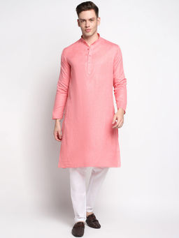 Devoiler - Men Self Design Pink Cotton Kurta