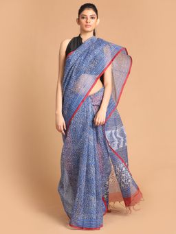 Indethnic - Blue Printed Super Net Saree with Unstitched Blouse