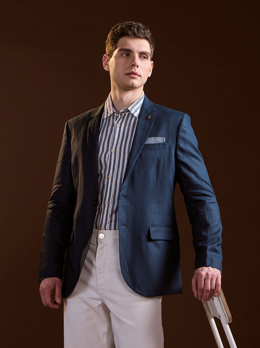 The Bear House Men Blue Solid Tailored Fit Single-Breasted Formal Blazer