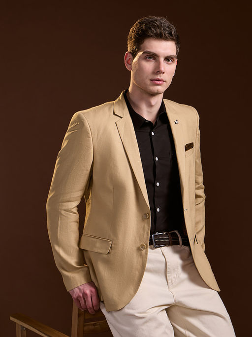 The Bear House Men Beige Solid Tailored Fit Single-Breasted Formal Blazer