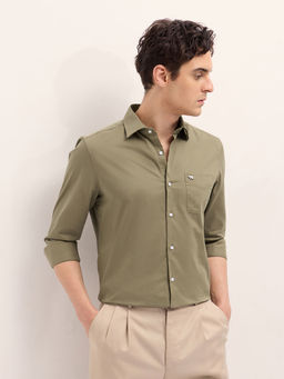 The Bear House - Mens Tailored Fit Olive Cotton Solid Formal Shirt