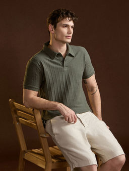 The Bear House - Men Olive Textured Polo T-Shirt
