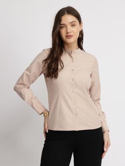 FableStreet - Cotton Blend Mandarin Collar Shirt - Rose Pink