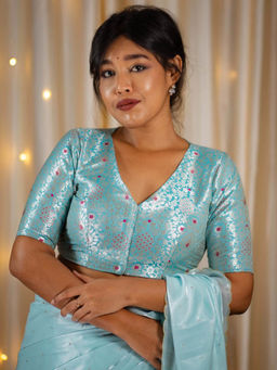 I LOVE SAREES - Blue V-Neck Banarasi Readymade Blouse