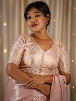 I LOVE SAREES - Baby Pink V-Neck Banarasi Readymade Blouse