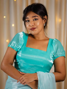 I LOVE SAREES - Sky Blue Organza Puff Sleeve Blouse