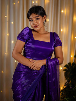 I LOVE SAREES - Navy Blue Organza Puff Sleeve Blouse with Square Neckline