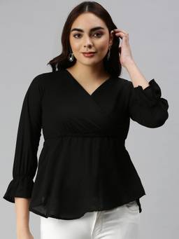 SHOWOFFFF - Women V-Neck Bell Sleeves Solid Black Top