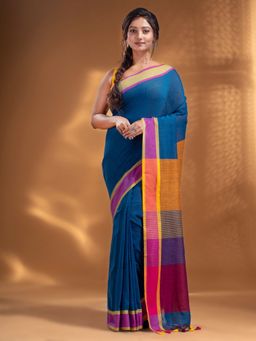 Arhi - Sapphire Blue Pure Cotton Handwoven Soft Saree with Multi-Color Pallu