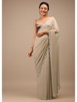 KALKI FASHION - Beige Saree Borderline Cutwork and Leafy Motif Detailing with Unstitched Blouse
