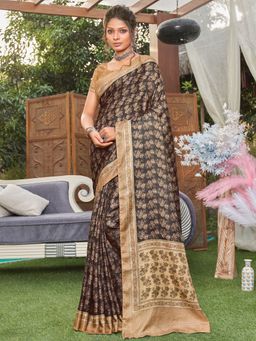 Akhilam - Womens Pashmina Silk Coffee Brown Printed Designer Saree with Unstitched Blouse