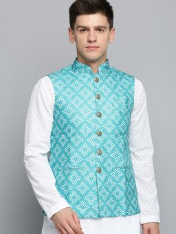 SHOWOFF - Mens Printed Green Polyester Nehru Jacket