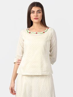 DART STUDIO - Hand Embroidery On Cotton Jacquard Top-White