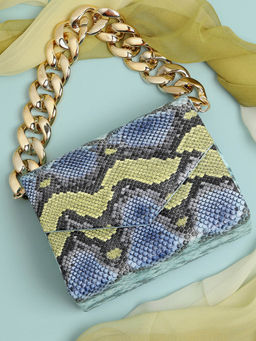 Haute Sauce - Blue & Multicolour Snake Printed Vegan Leather Hand Bag