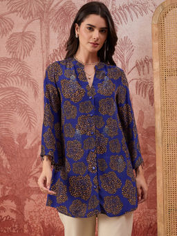 First Resort by Ramola Bachchan - Women Blue Leopard Patch Printed Embellished Shirt